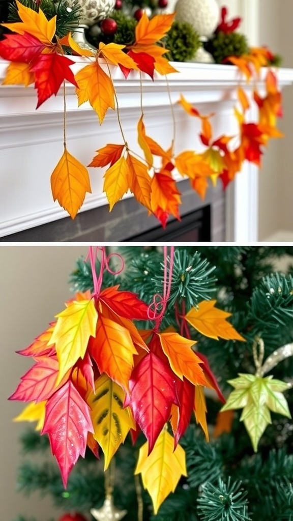 Colorful DIY Christmas decorations made from leaves, including a garland and ornaments, displayed on a mantel and Christmas tree.